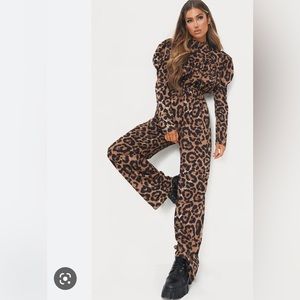 Tan Leopard Print Frill Neck Puff Sleeve Jumpsuit